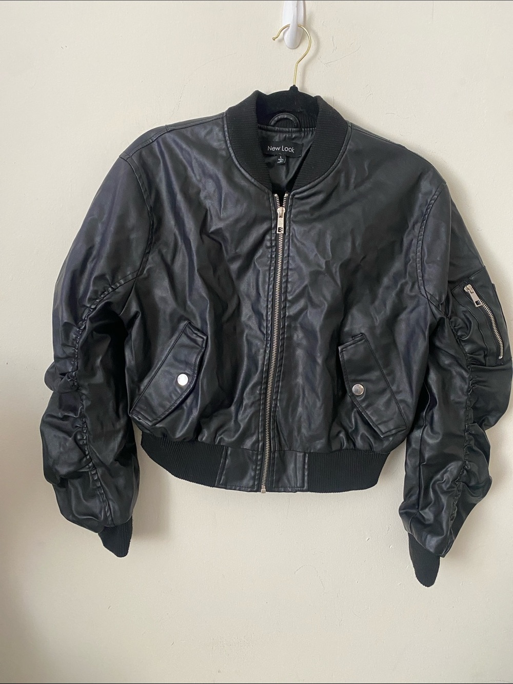 New Look Black Faux Leather Bomber with Ruched Sleeves